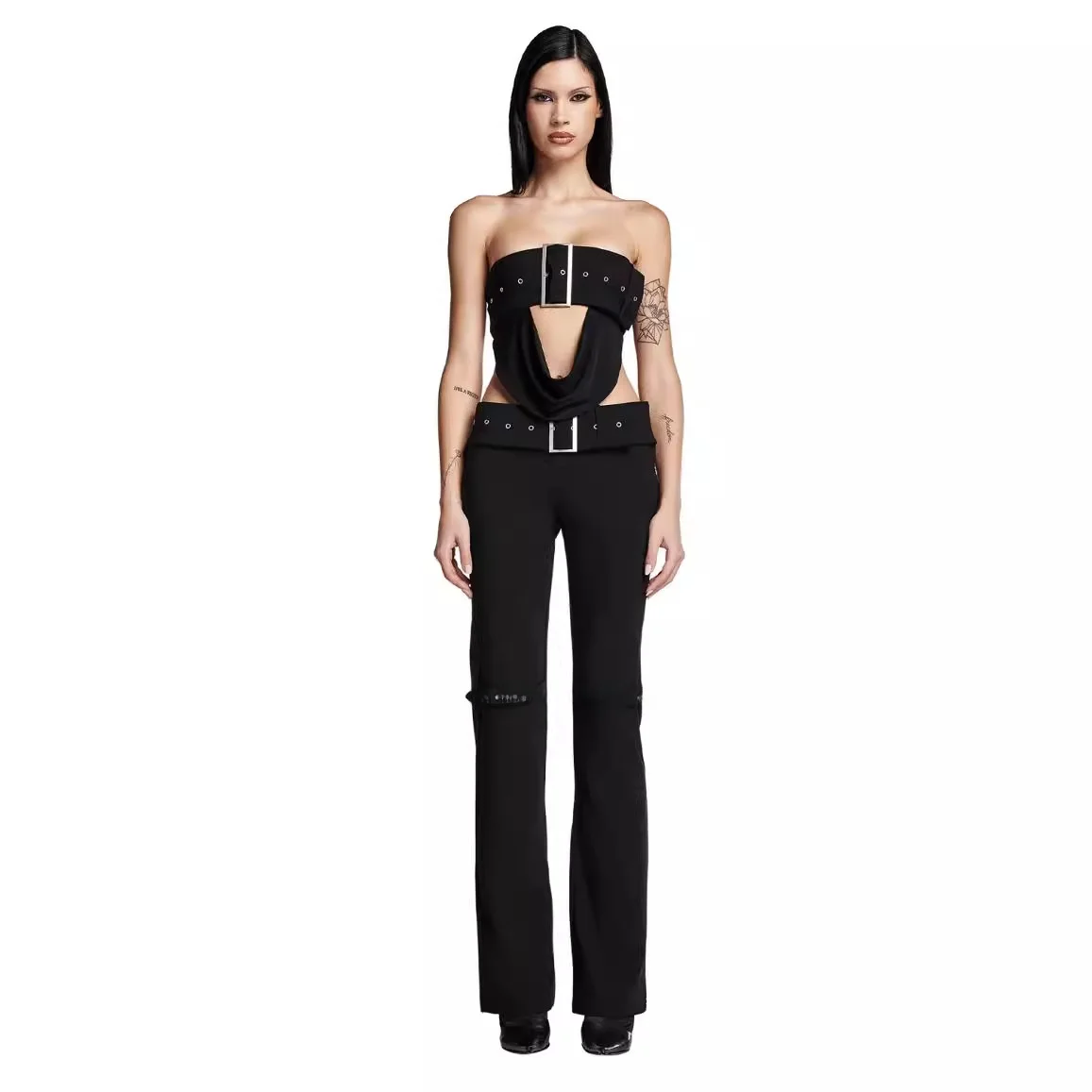 

Sexy Trendy Set High Waist Crop Top Cool Motorcycle Sle Long Pants Two Piece Suit for Women Summer Season Universal Fit