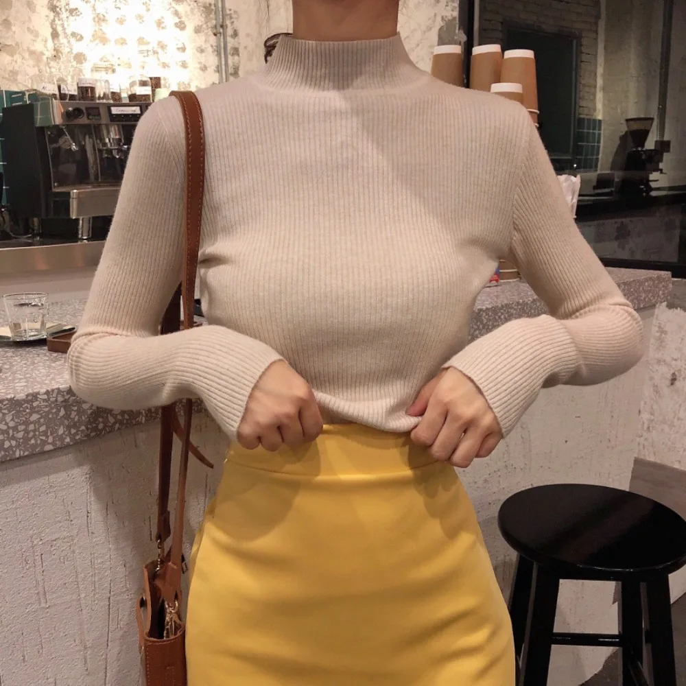 

All-Purpose Slim Pullover Turtleneck Sweater Elastic Long Sleeve Women Jumper Simple Autumn Bottoming Shirt