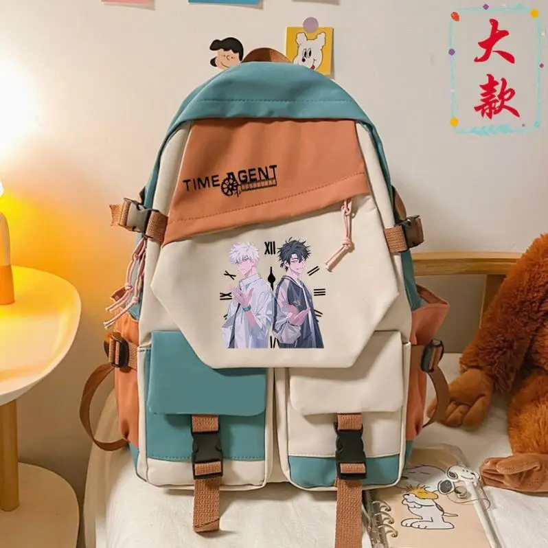 Cute Cartoon Time Agent Mochila, Canvas School Book Bag, Student Travel Bag, Laptop Bag, Grande, Casual, Messenger Bag