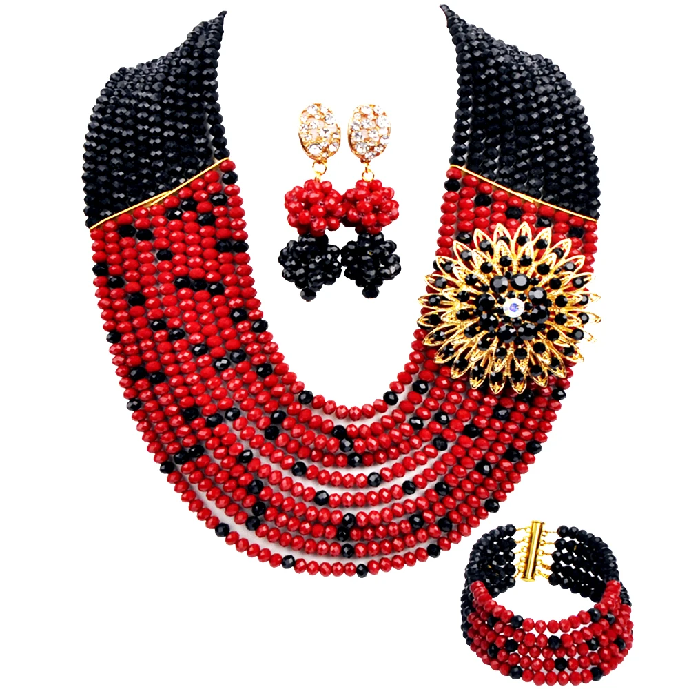 Fashion Necklace Bracelet Earrings Black & Opaque Red African Beads Crystal Jewelry Set