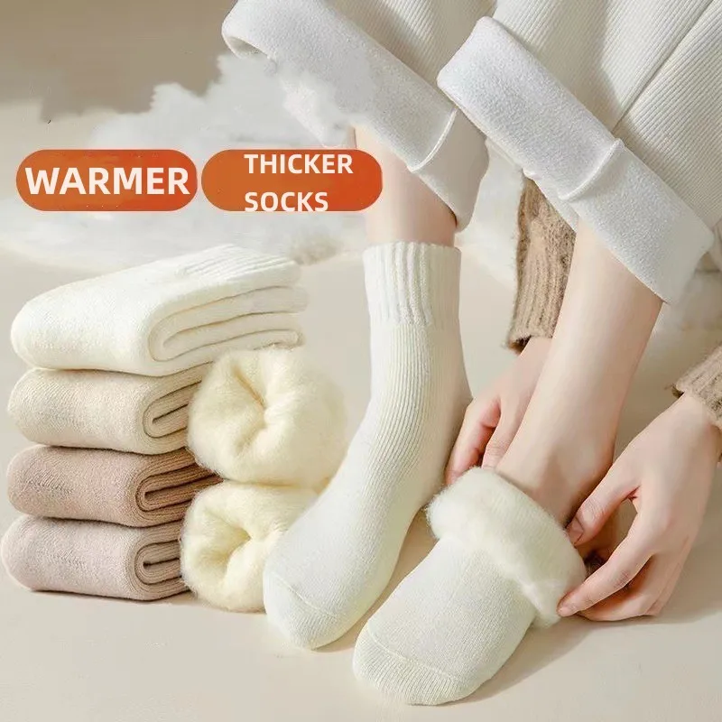 Women's solid color winter cotton socks thickened warm mid-calf socks plus plush terry socks mid-length warmer women's socks sno