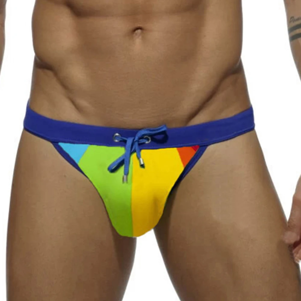 Men Sexy Bikini Swimwear Rainbow Swim Thong Briefs Swimming Shorts Trunks Beach U Convex Penis Big Pouch Panties Man Underwear