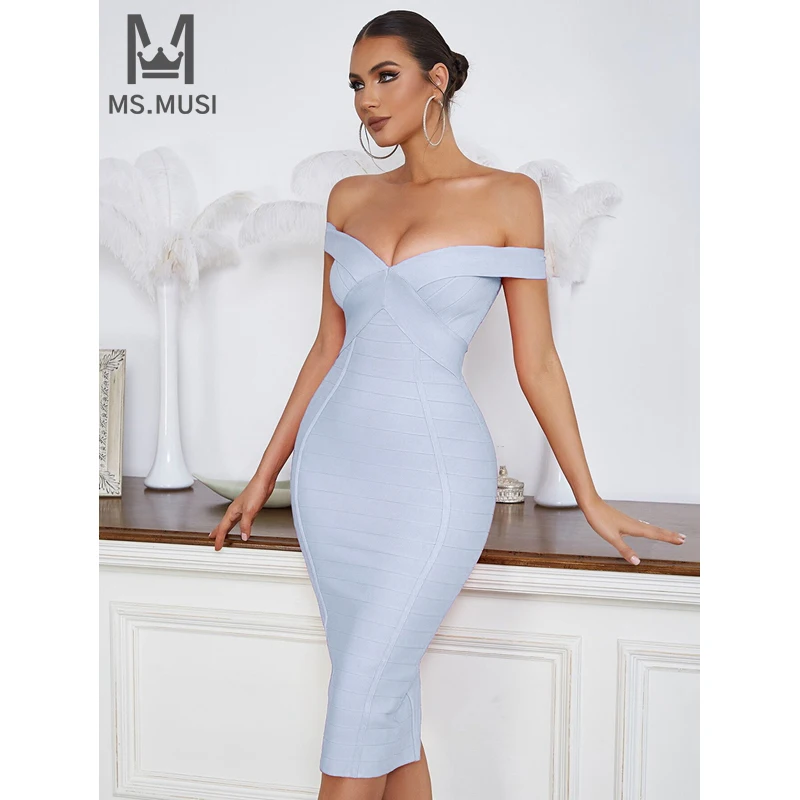 

MSMUSI 2024 New Fashion Women Sexy Off The Shoulder Corset Stripe Sleeveless Bandage Bodycon Party Club Slim Midi Dress Vestidos