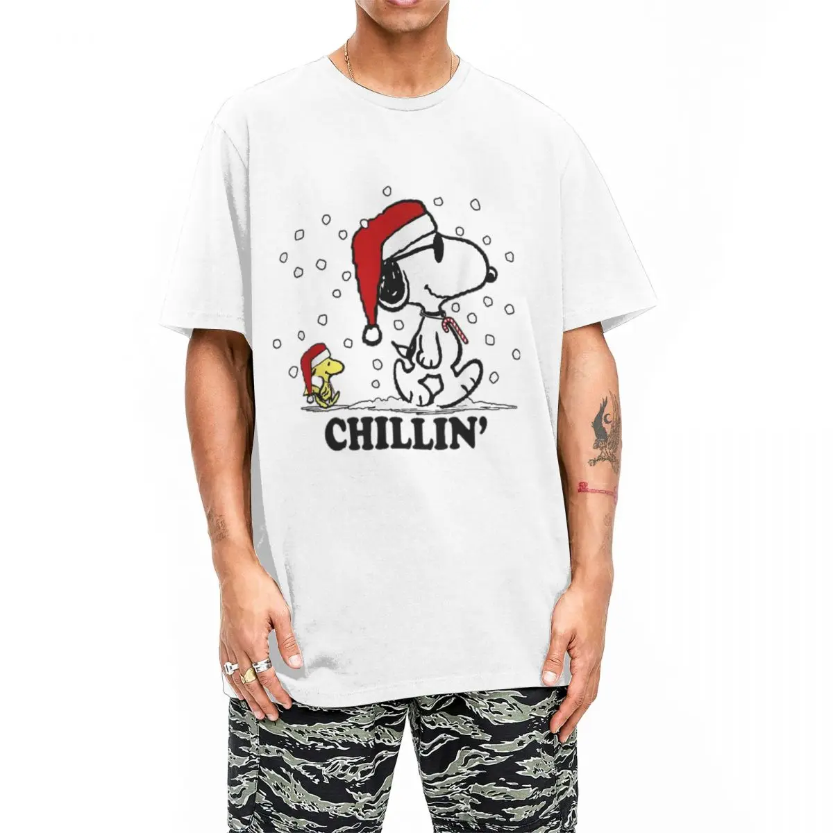 Peanuts Holiday Snoopy Snowfall Chillin' T Shirts Men Women's Pure Cotton Vintage T-Shirts Crewneck Tees Short Sleeve Clothes