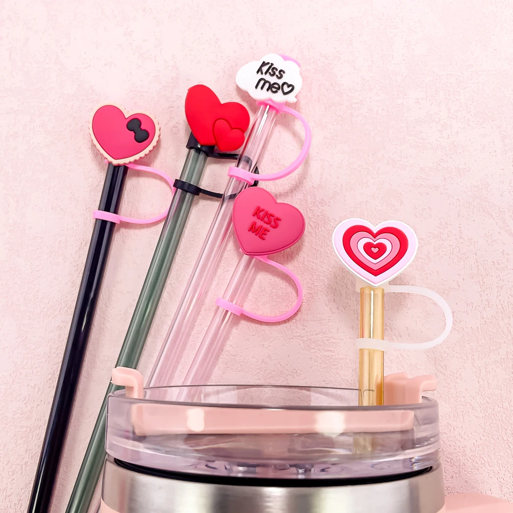 5pcs Pink Heart Straw Covers Cap for Cup,8mm Flower Straw Topper Pin Star Leopard Print 5 Colour,Reusable Dust-Proof,Party Decor