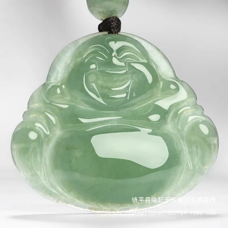 Natural A-grade Myanmar Ice Nectarine Oil Green Maitreya Jade Pendant Laughing Buddha Women's Collarb
