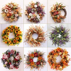 Fall Grain Wreaths Harvest Autumn Door Wreath Christmas Halloween Decor Pumpkin Berry Maple Leaf Artificial Wreath Home Decor