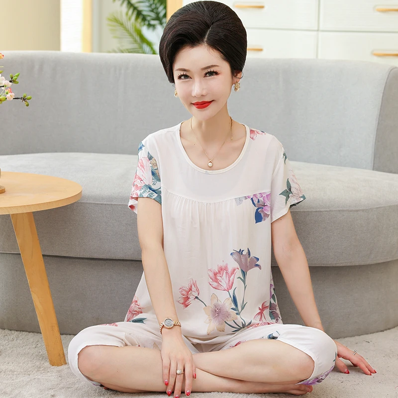 

XL-5XL Women Pajamas Set Knitted Cotton Ladies Sleepwear Short Sleeve Round Neck Female Nightwear Homewear Pyjamas Femme