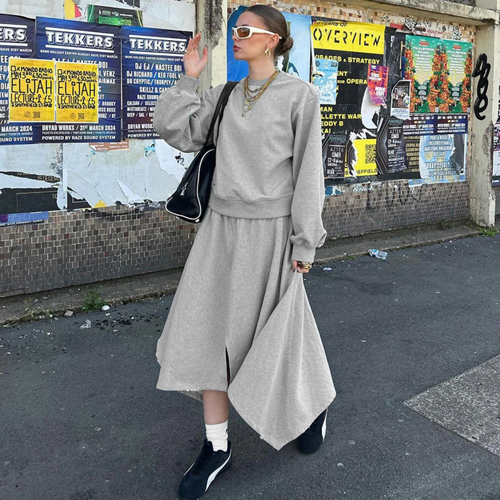 

Loose Gray Sweatshirt 2Piece Set Women's Spring Solid Color O-neck Pullover Top+Irregular Hem Skirt Casual Versatile Outfit