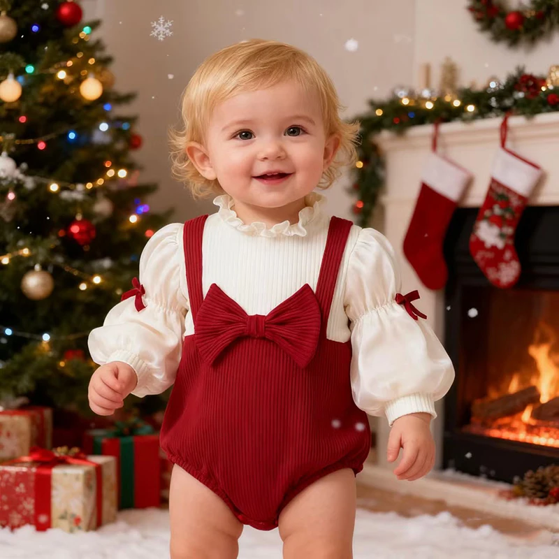 

Рождественские комбинезоны с пышными рукавами для новорожденных девочек 0-3 лет, боди для младенцев, осенние комбинезоны с красным бантом, детская цельная одежда для малышей