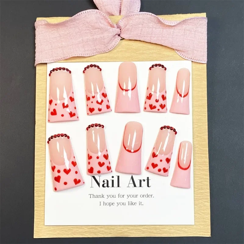 Presse à Ongles en Forme de Canard avec Amour, Design Imprimé, Faux Pointes Françaises, Bord Strass, Rose, Fait à la Main, N64.24, Y2k