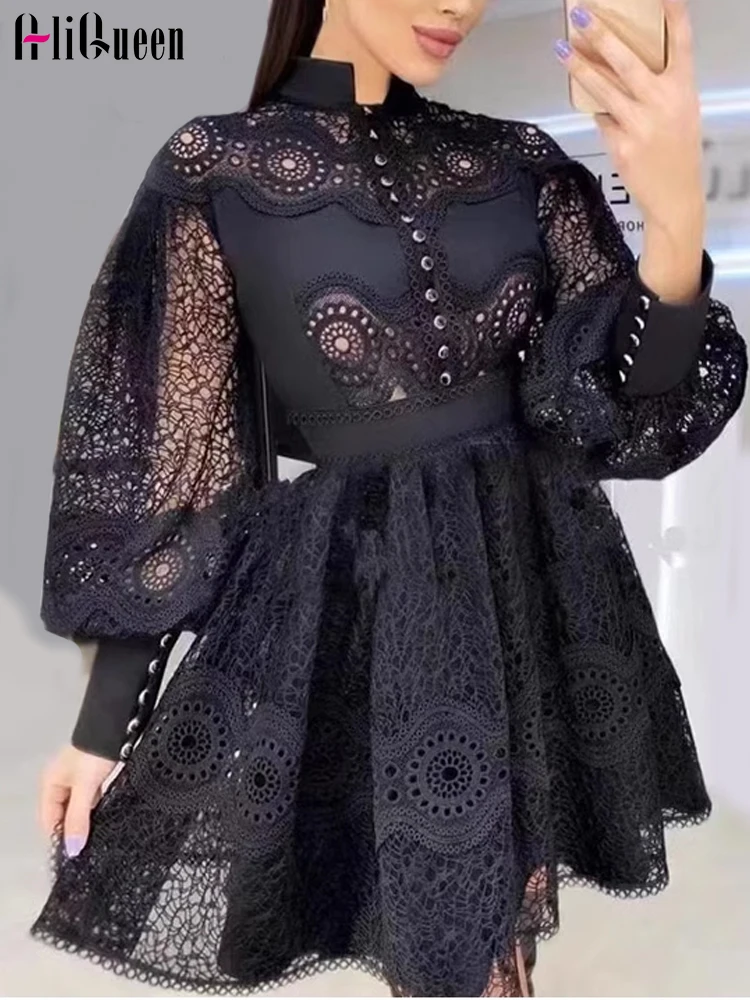 

Runway Women Vintage Stand Neck Embroidery Hollow Out Lace Dress Elegant Black Long Lantern Sleeve Midi Dresses Party Vestidos