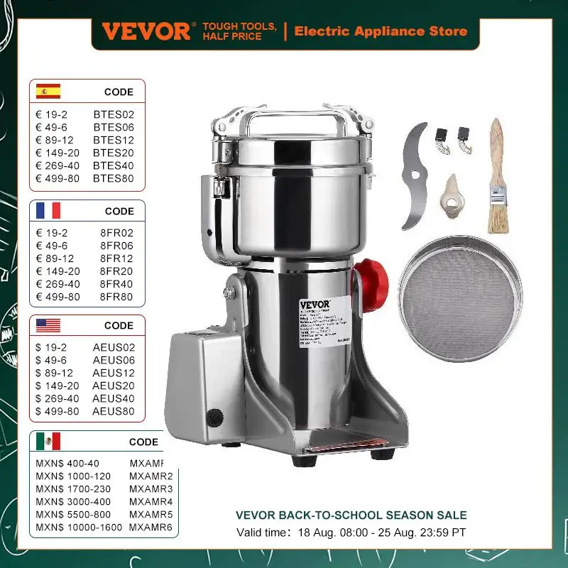 VEVOR Electric Grain Mill Grinder, Stainless Steel Pulverizer Powder Machine, for Dry Herbs Grains Spices Cereals Coffee Corn 