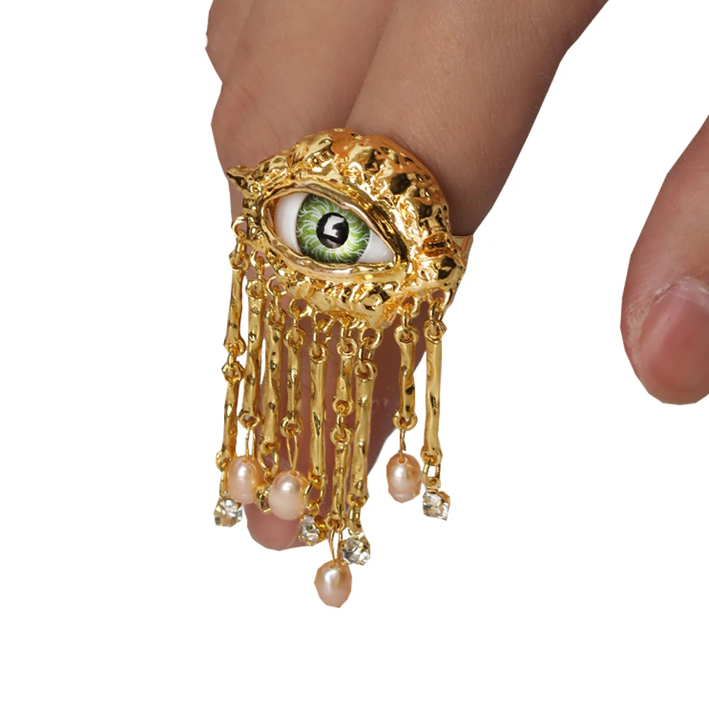 Women Vintage Eyes of Demon Ring Exaggerated Trendy Style Imitated Pearl Girls Devil\'s Eye Delicate Tassels Rings Jewelry Gifts