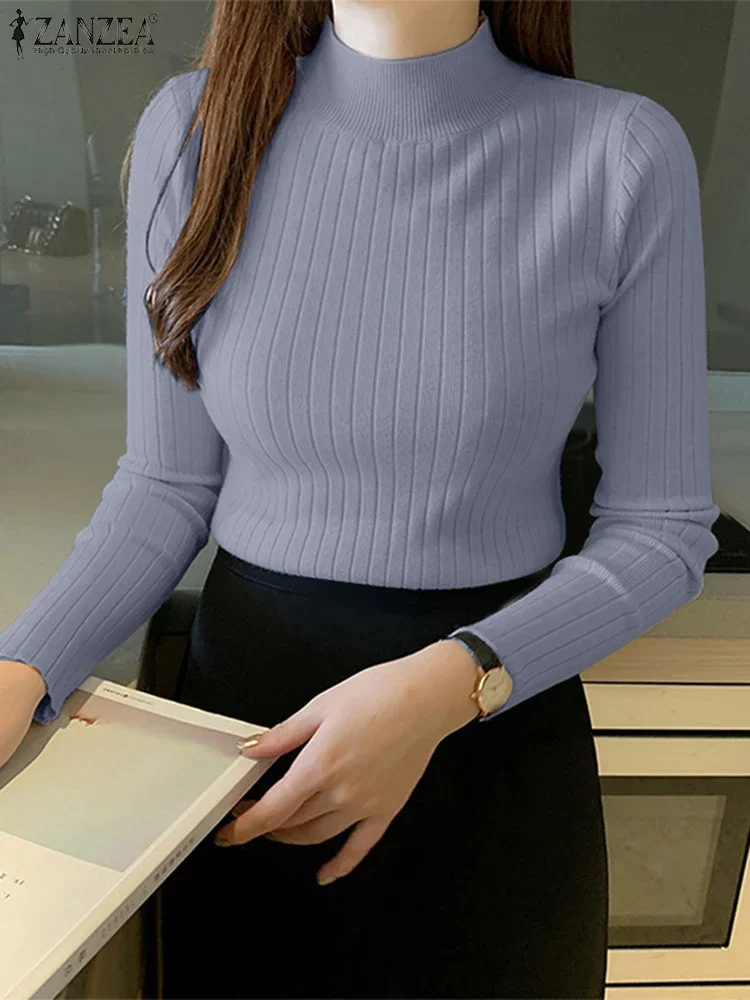 ZANZEA Elegant Women's Knitted T-Shirts 2025 Autumn Comfort Mock Neck Long Sleeve Solid Color Short Pullover Sweaters 6 Colors