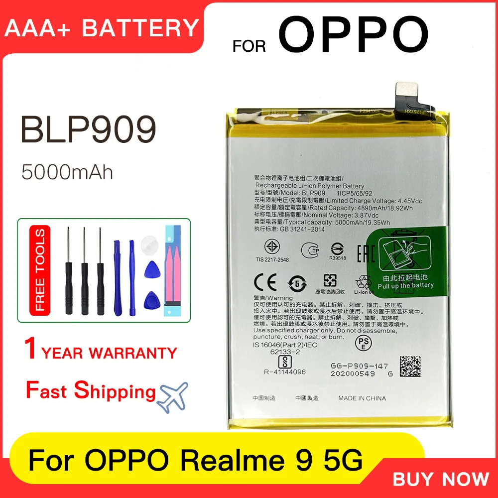 

Genuine replacement Battery 5000mAh 19.35Wh BLP909 Phone Battery For OPPO Realme 9 5G Mobile Batteries batteria+Free tools