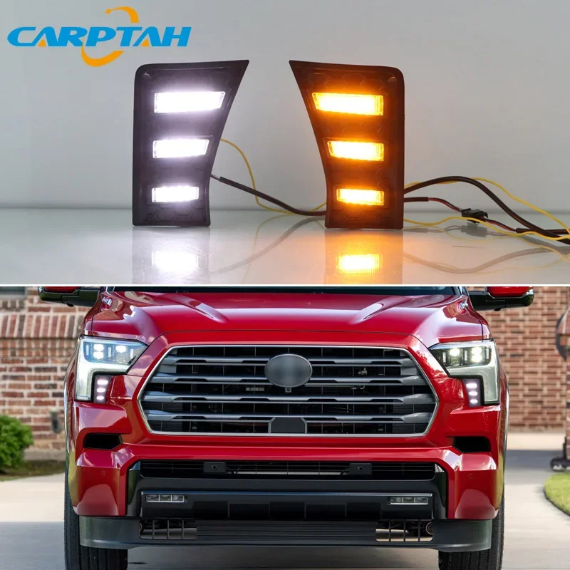 Car LED DRL Daylights For Toyota Sequoia 2022 2023 Yellow Turn Signal Daytime Running Light 12v Auto Foglamp