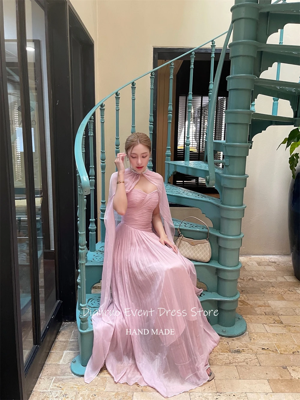 Dianruo-vestido De noche De estilo capa con forma De corazón, Vestidos De fiesta fruncidos fluidos De gasa, vestidos románticos De línea A personalizados