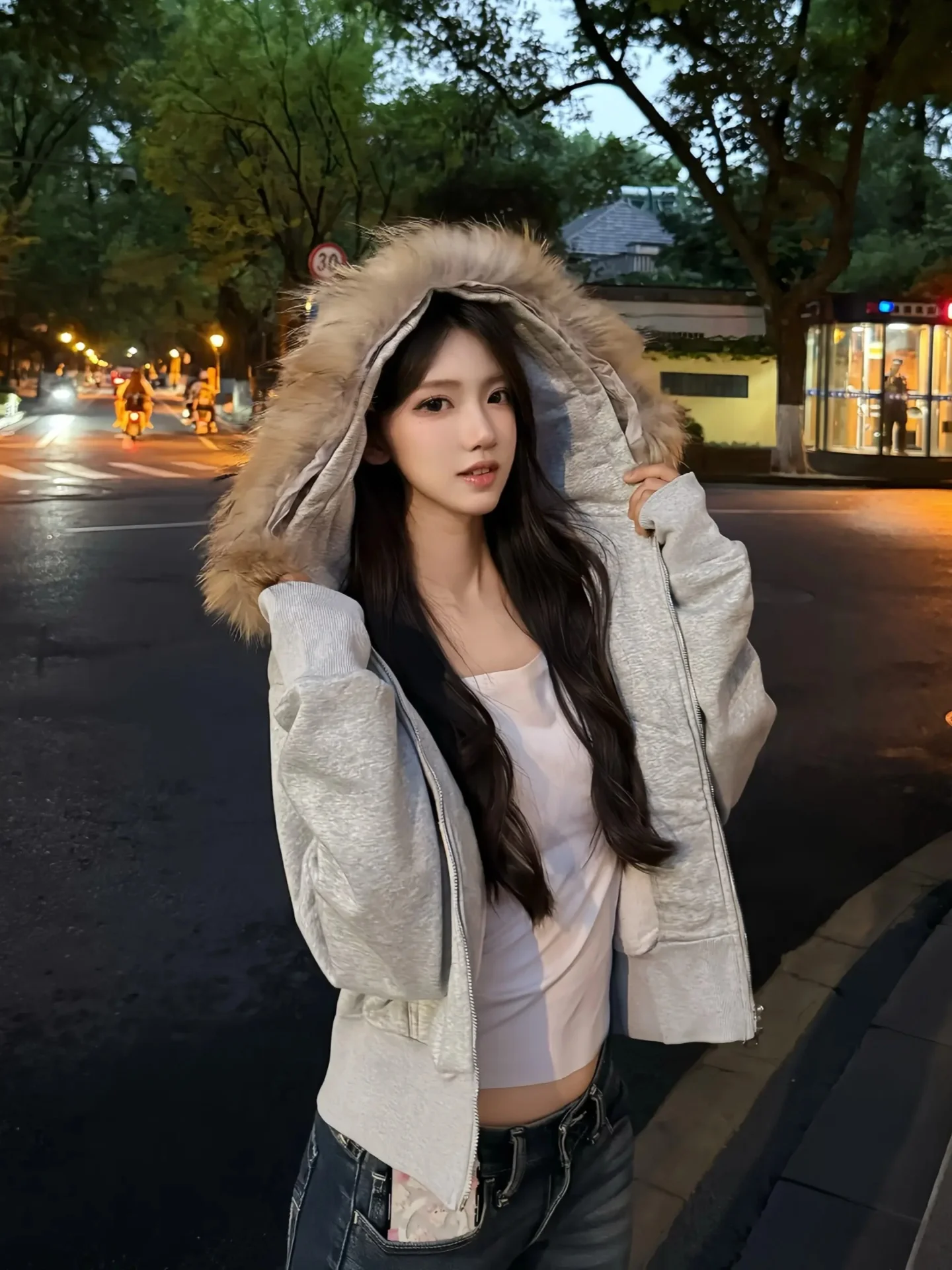 

Double Zipper Fce Lined Thiened Hooded Jaet ex Winter Casual Wear Warmth Comfortable Large Fur Collar Sweatirt