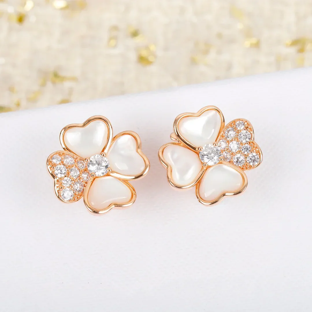 Europe Diamond Clover Petal Rose Gold Earrings Women Ear Clip Top Quality Luxury Jewelry Designer Brand Trend