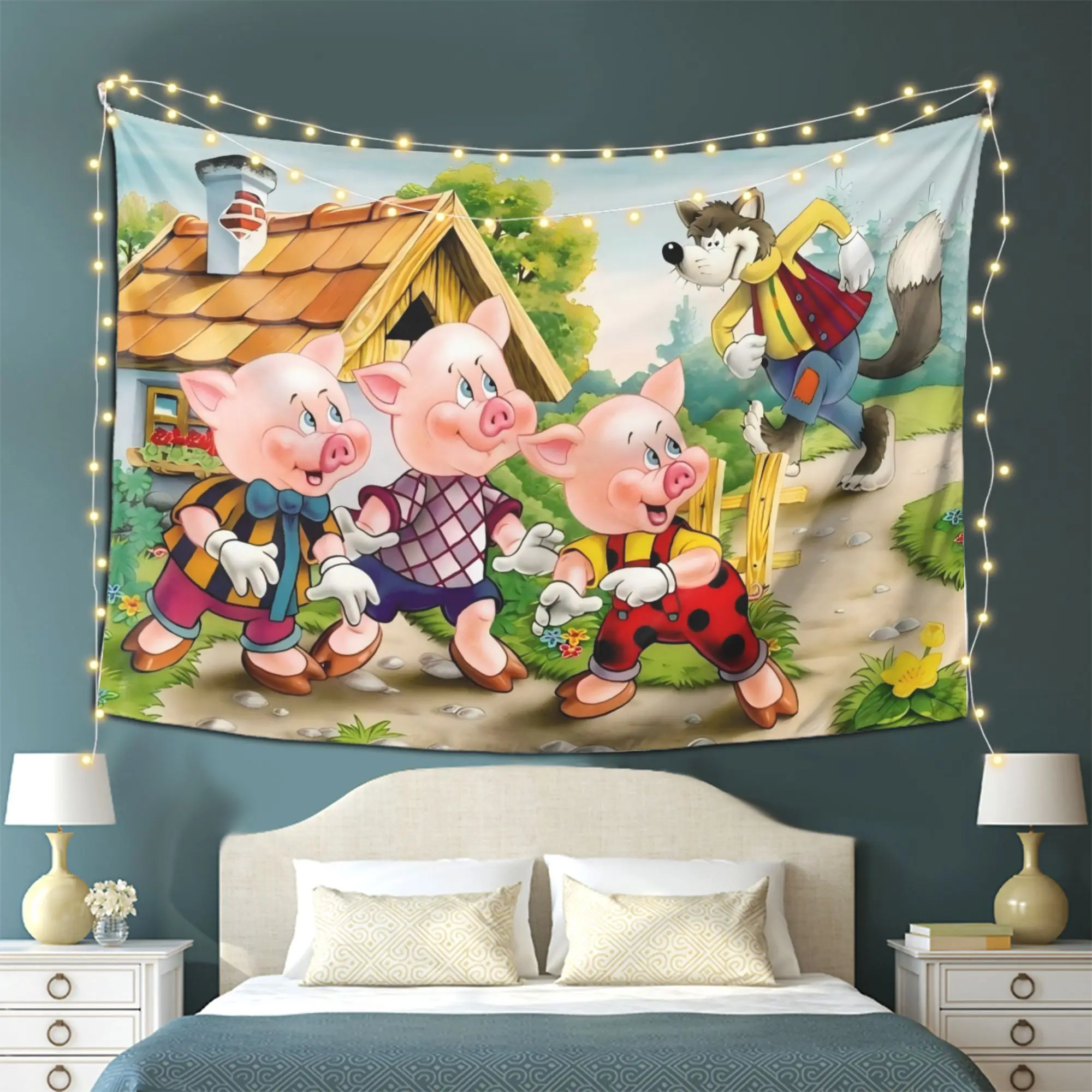 VIKAMA Fairy Tale Tapestry Cartoon Wall Cloth Room Decoration Featuring The Three Little Pigs And The Big Bad Wolf