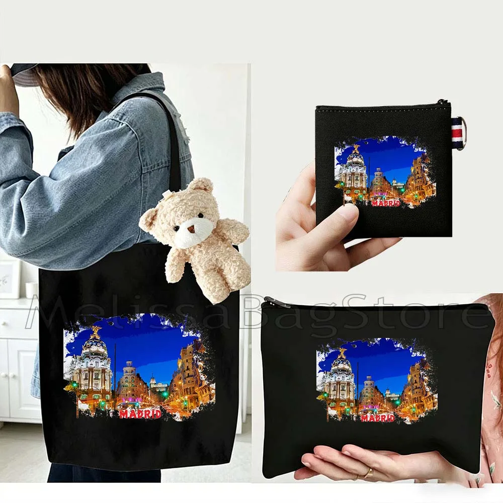 4PCS Gifts Set Madrid Spain White Canvas Tote Bag Handbag with Doll Key Coin Purse Cosmetic Makeup Toilet Bag Case Pouch