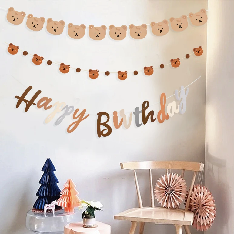 INS Cute Bear Happy Birthday Banner Garland 1st Kids Boys Teddy Bear Birthday Party Supplies Balloon Tableware Baby Shower Decor