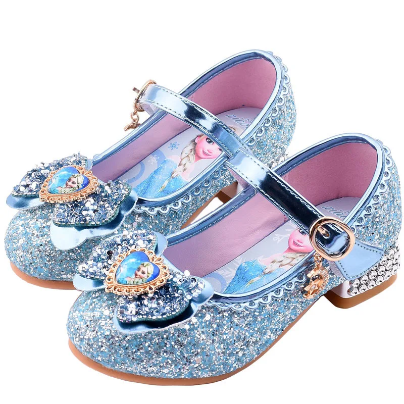 

Princess Elsa Froze Girls High Heels Children Leather Shoes For Girls Party Shiny Sandals Kids Wedding Shoes Dress Bowtie Shoes