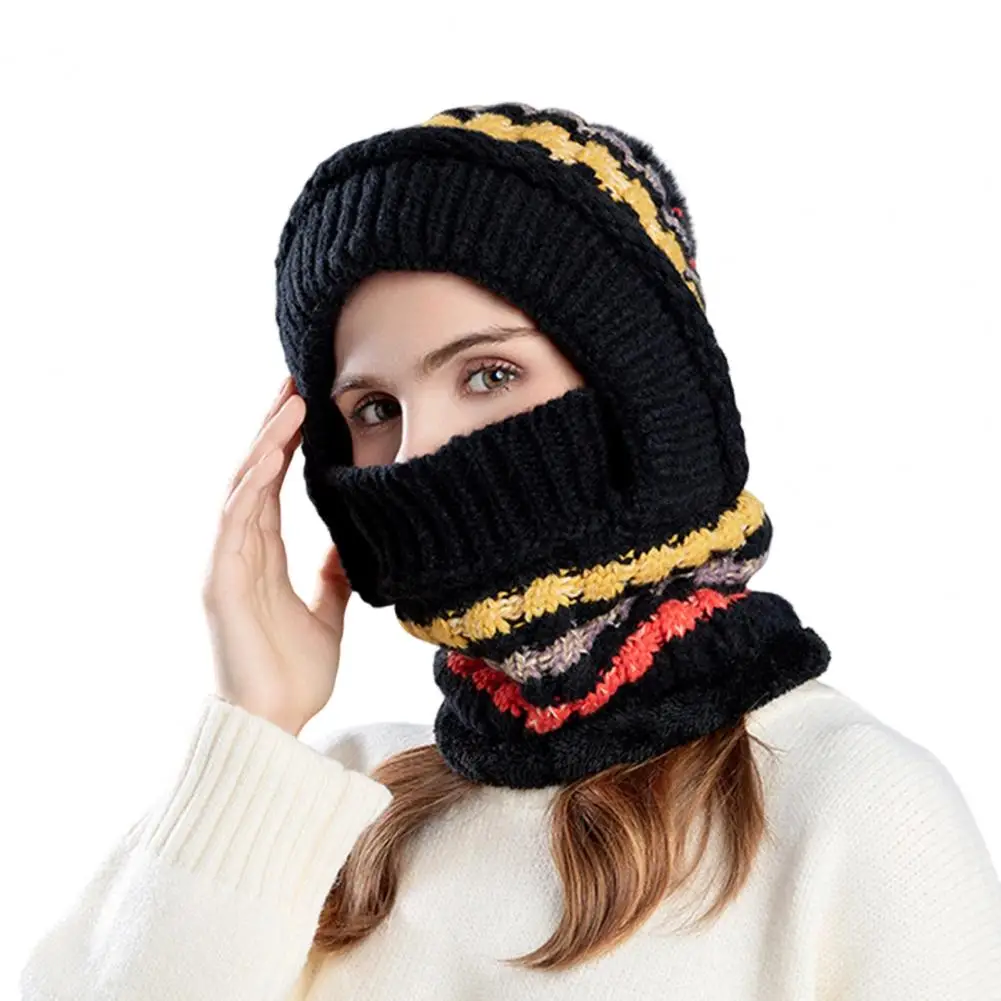 Knit Balaclava Scarf Women’s Winter Ski Hat with Long Scarf Full Face Guard Thermal Fleece Headgear Patchwork Color Knit Cap