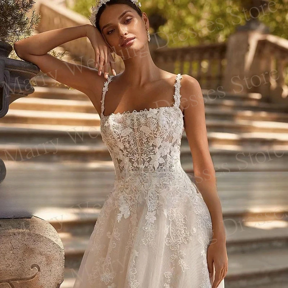 2024 Affascinanti abiti da sposa da donna sexy A Line eleganti applicazioni con lacci colletto quadrato abiti da sposa senza maniche Robe De Mariée