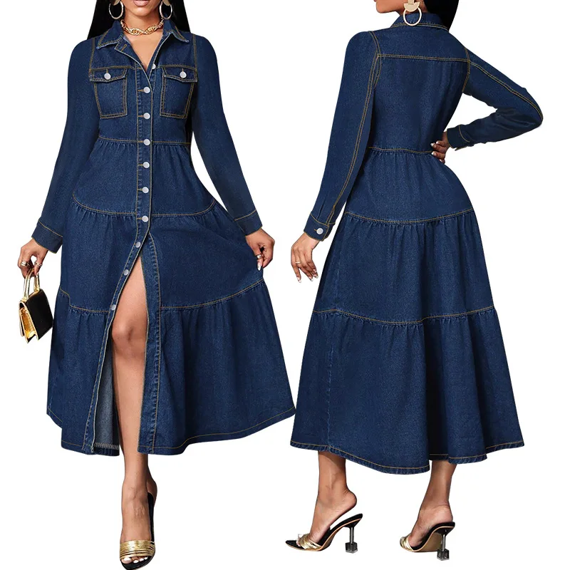 

Long Dress Women Denim Dresses A Line Vestidos Mom Jeans Turn Down Collar Spring High Waist Elegant Splice Y2k Streetwear 2025