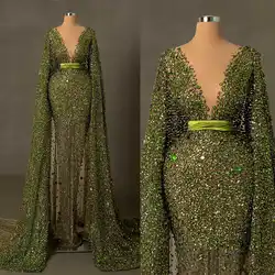 Dark Green Mermaid Evening Dresses Deep V Neck Long Sleeve Beaded Crystals Prom Gowns Birthday Special Occasion Dress