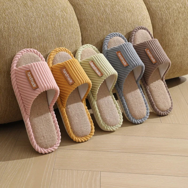 Linen slippers for men, quiet and breathable flooring for home use, cotton and linen slippers for women in summer
