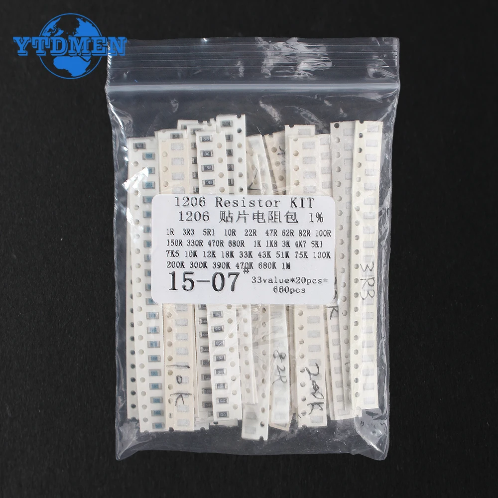 660PCS 0805 1206 1% SMD Resistor Assorted Kit 33 Values Each 20pcs 1R-1M 10K 100K 1K 100R Resistance Set