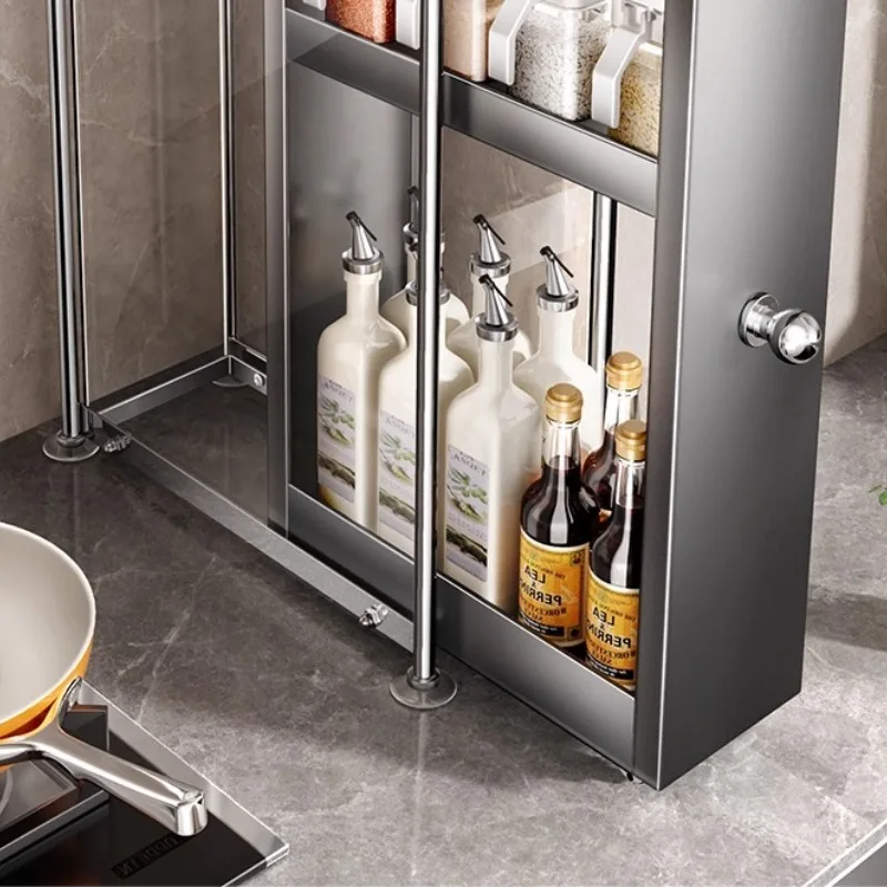 Multi-Layer Pull-Out Kitchen Spice Rack Narrow Countertop Organizer with Smooth Glide Suction Cup Anti-Slip Storage Shelf