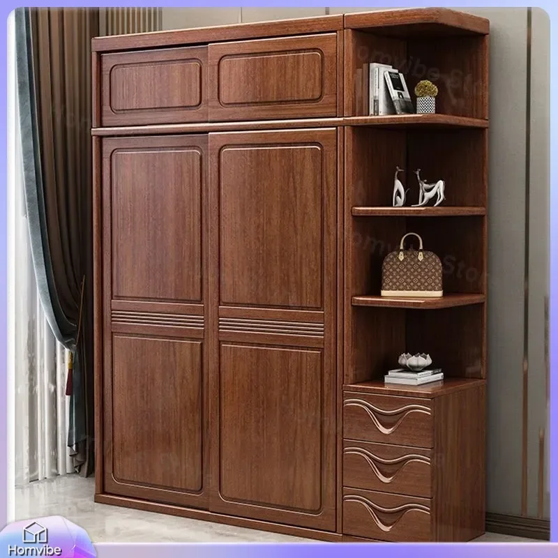 Modern Walnut Wardrobe Solid Wood Sliding Door Closet Bedroom Furniture Small Storage Cabinet Home Organizer Minimalist