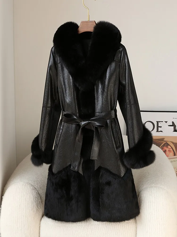 Overcoat Women Elegant Belted Real Rabbit Fur Jacket Winter Warm Suede Leather Fox Fur Collar Coat Thick Softshell Party Trench