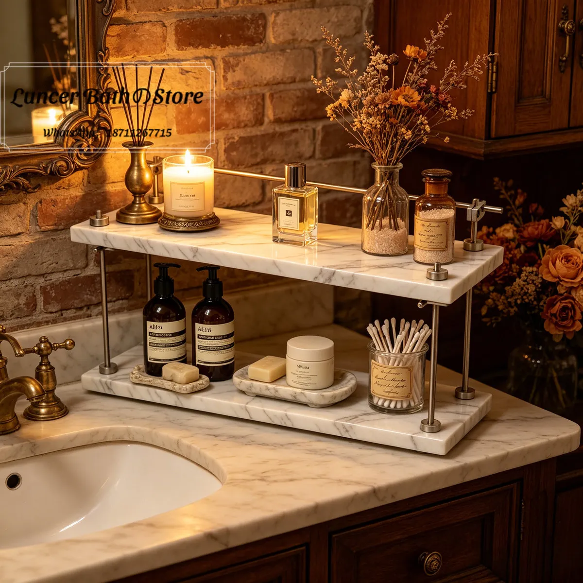 American Vintage Marble Bathroom Shelf, Double Layer Vanity Organizer for Perfume, Aroma, Shower Products
