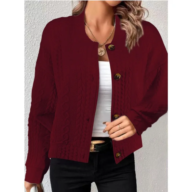 Autumn and Winter Women's Cardigan Solid Color Single Breasted Button Screw Thread Long Sleeved Sweater Knit Coat Fashion Tops