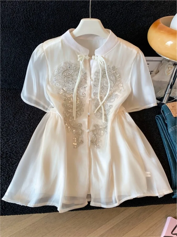 Heavy industry sequined short-sleeved chiffon shirt with a Chinese-style button-up and elegant