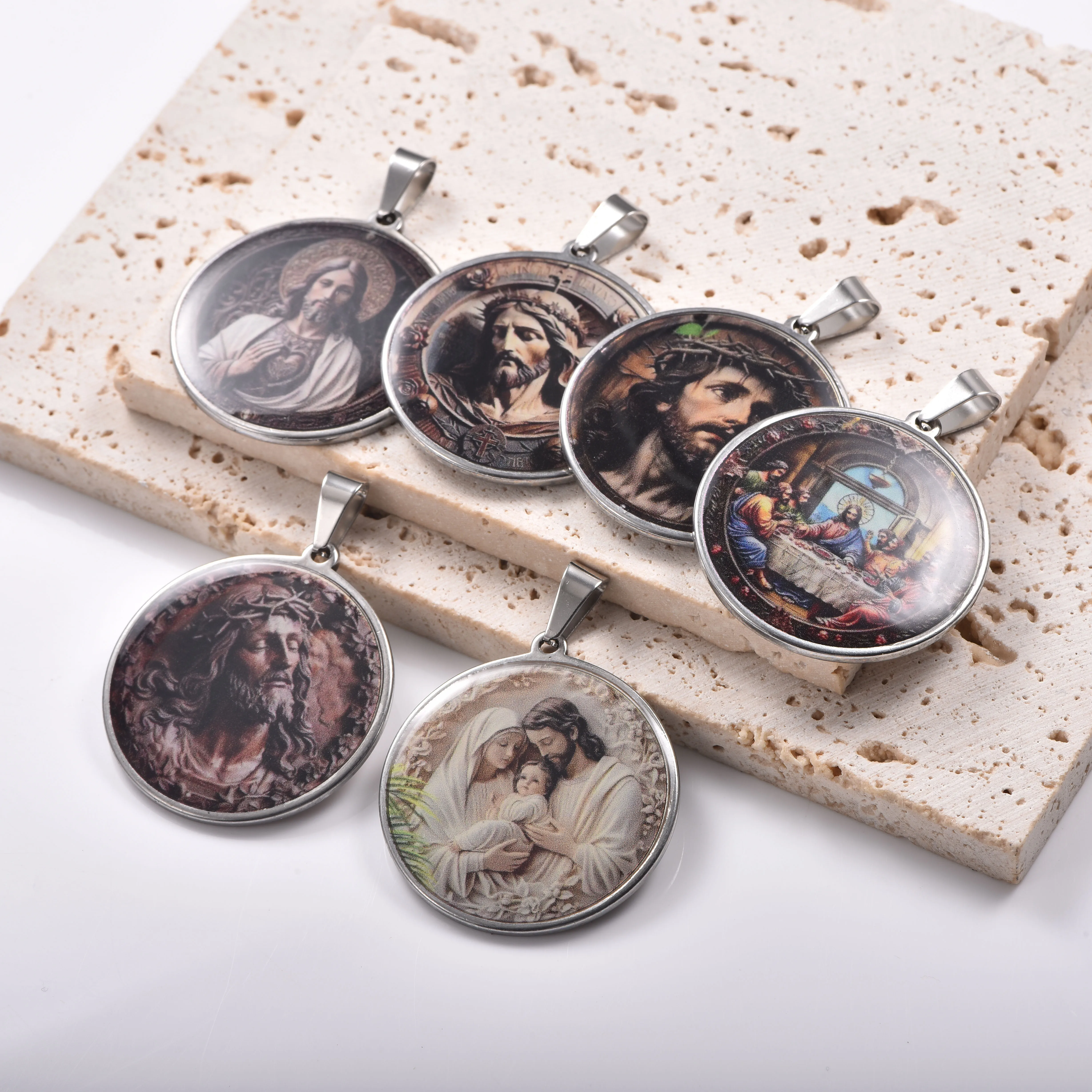 Christlicher religiöser runder Cabochon-Anhänger, Edelstahl-Charm-Halskette, Zubehör, handgefertigte Schmuckherstellungsmaterialien – Detail 6