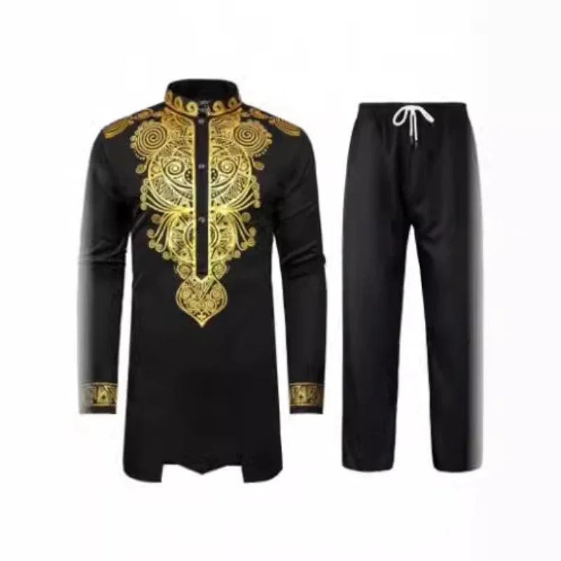 African Long-Sleeved Shirt For Men - Metal Gold Printed Chinese Collar Shirt Traditional National Festival Wedding Two-Piece Set