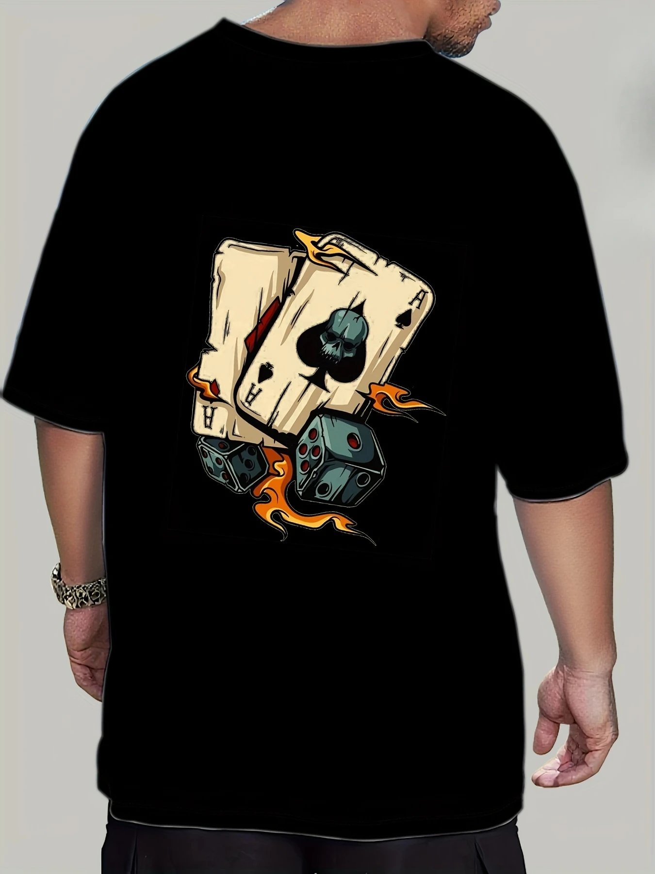 Men'S Black Short Sleeve Crew Neck, Black Poker Dice Pattern Tee, Trendy Casual Positioning Daily Outing/Friends Gathering Top
