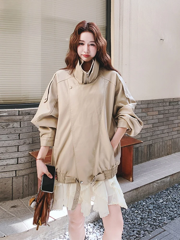 Cool Leather Jaet Women's ort Sle Spring Autumn Loose Fit Slimming Trendy PU Leather Coat Commute Wind Resistant