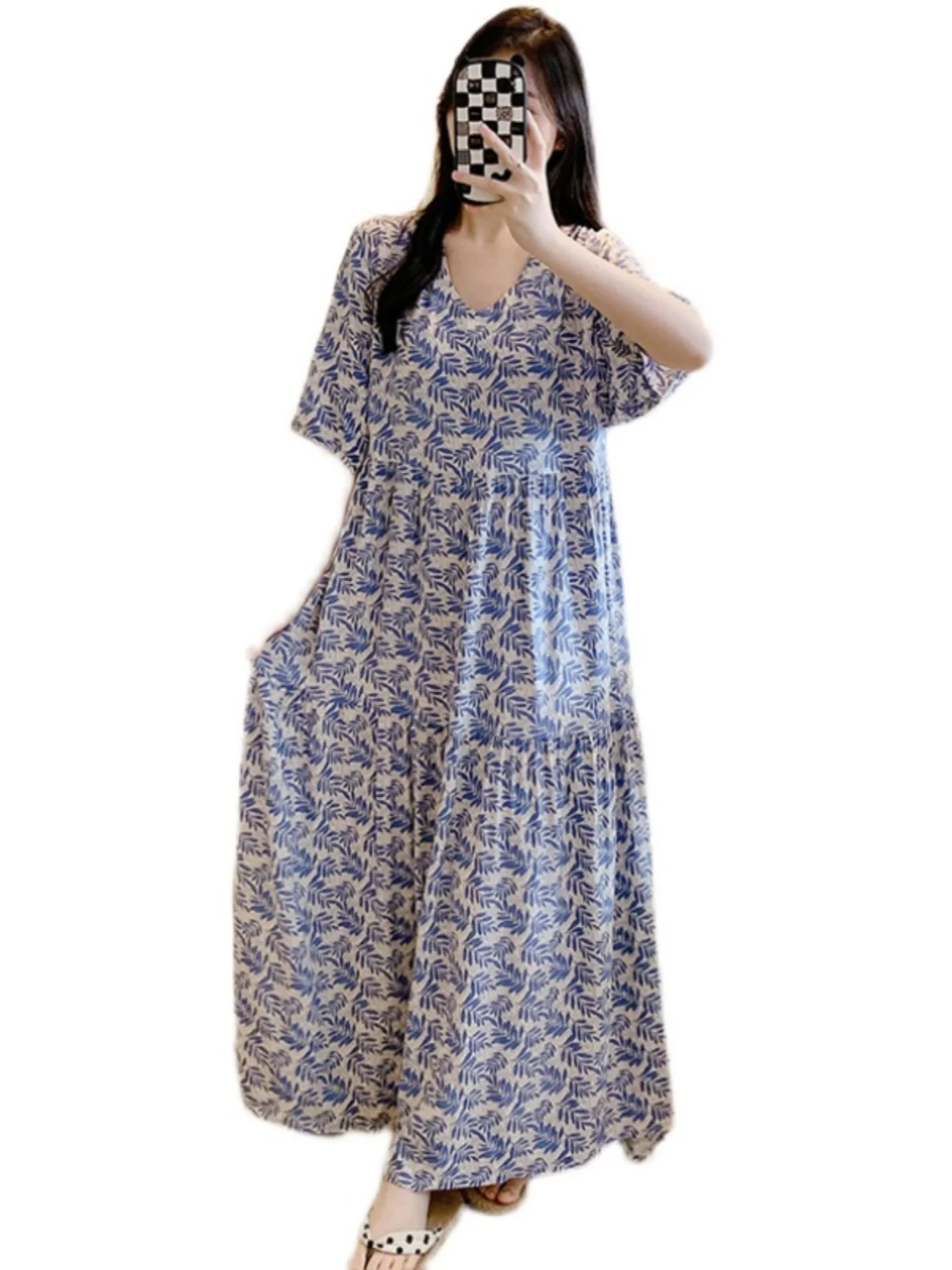 

Summer Thin Floral Print Loose Long Sp Dr Artificial Silk Cotton Gauze Midi Skirt V Ne ort Sve Home Comfortable