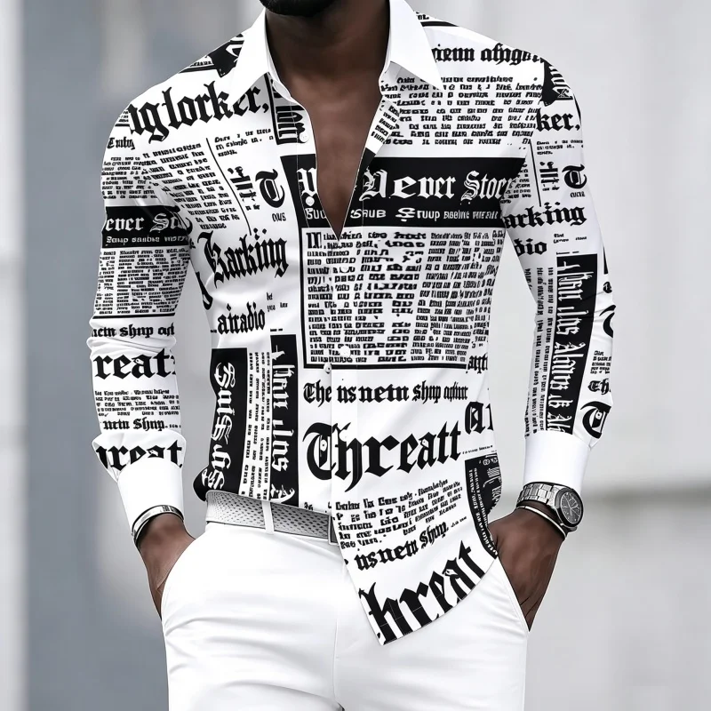 Men's long-sleeved shirt with asymmetrical black and white color blocking and vertical stripes, casual and versatile men's top.
