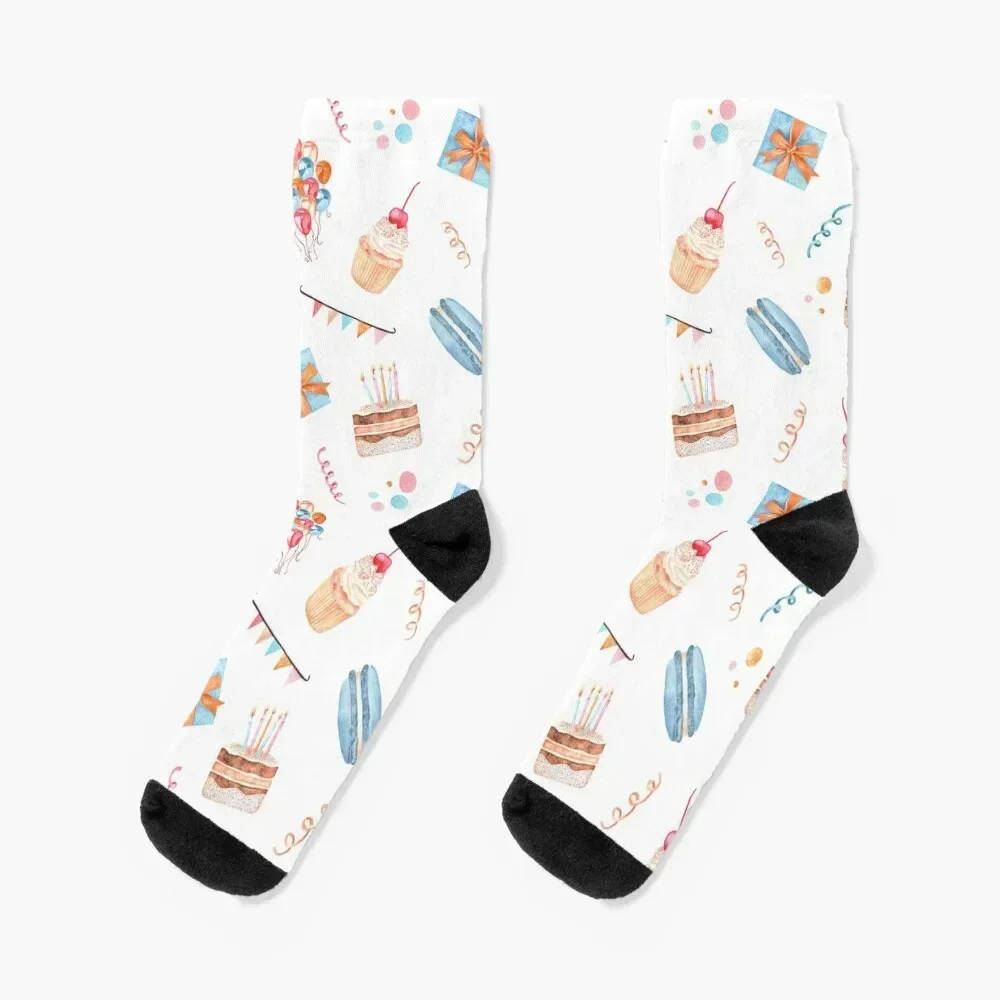 Happy Birthday. Cake with candles, cupcake, balloons, gifts and confetti. Watercolor drawing. Socks crazy Women's Socks Men's