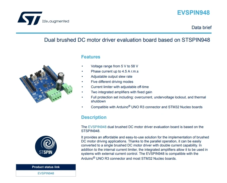 EVSPIN948 Dual brushed DC motor driver expansion board based on STSPIN948 Power Management IC Development Tools