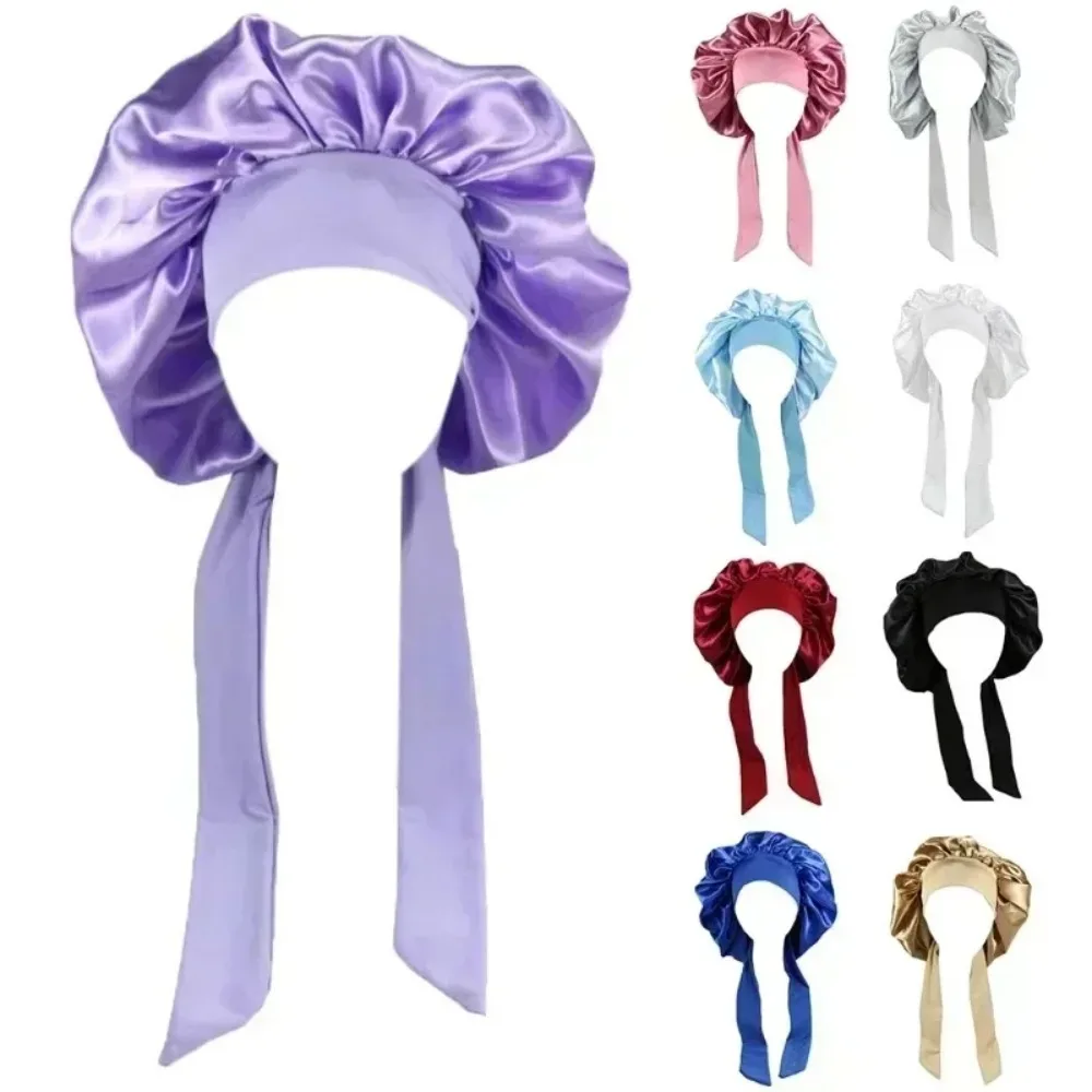 2024 Shower Caps Waterproof Solid Sleeping Hair Bonnets Adjustable Cap Women Satin Solid Sleeping Hat Night Sleep Cap for Women
