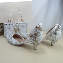 White Pearl Wedding Shoes and Bag Sandals Woman Thin Heel Tassel Crystal Party Dress Shoes Woman High Pumps Ivory Pearl Clutch